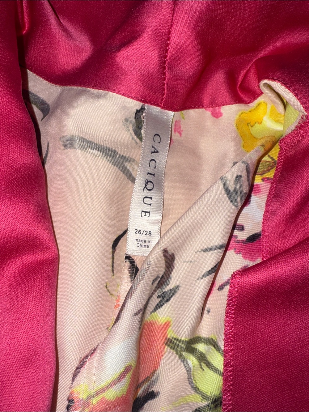 Cacique Floral Satin Kimono Robe with Hot Pink Trim - Picture 2 of 7